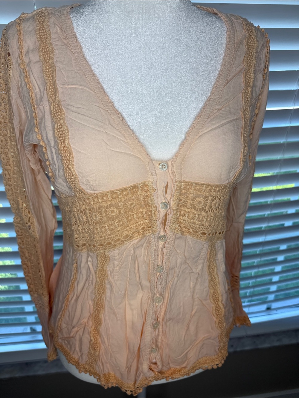 Boho Peach Crochet-Trim Long Sleeve Button Front Top blouse